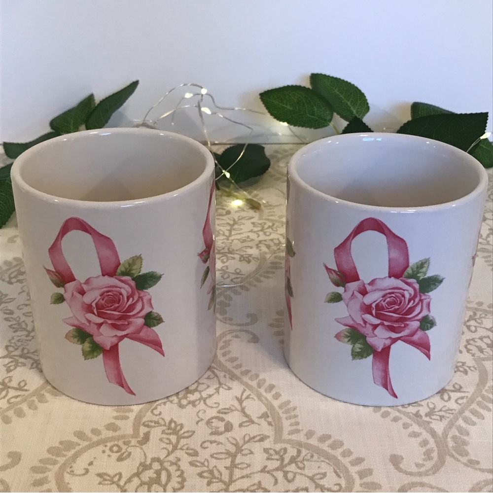 Vintage Avon’s Breast Cancer Awareness Crusade Set of 2 Mugs Pink Rose & Ribbon